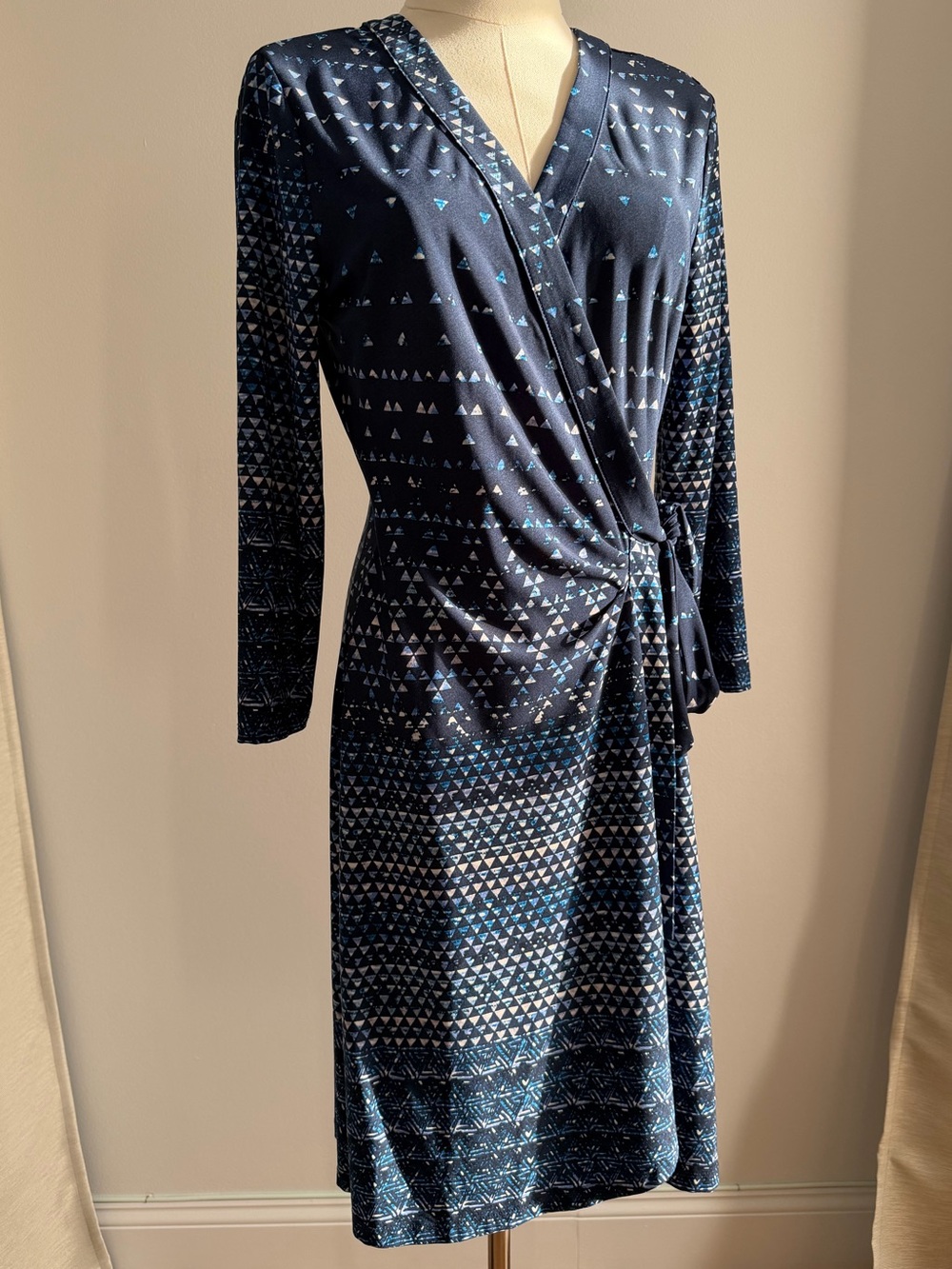 BCBGMaxAzria Navy and Light Blue Geometric Print Wrap Dress